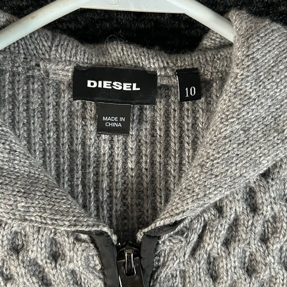 Diesel Boys Grey‎ Wool Blend Cable Knit Full Zip Hooded Cardigan Sweater Size 10 - Picture 2 of 7